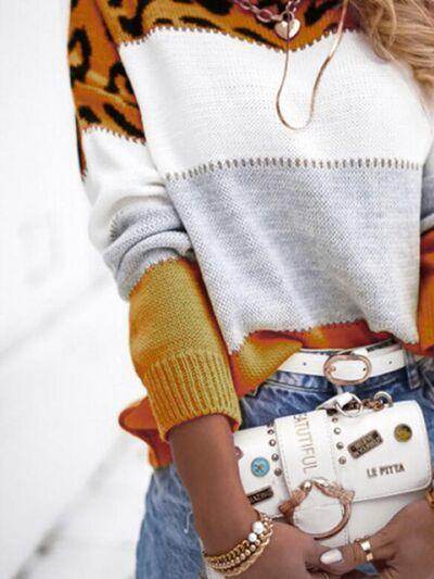 Leopard Color Block Round Neck Long Sleeve Sweater for Women - Selvanelle