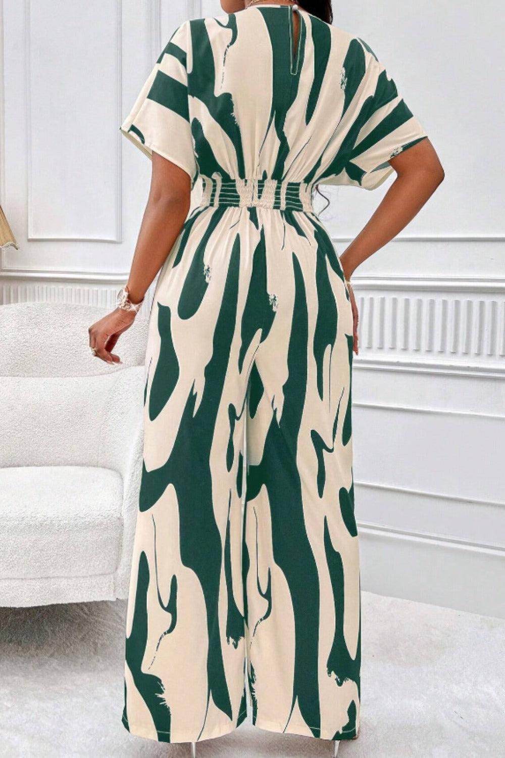 Printed V-Neck Short Sleeve Wide Leg Jumpsuit for Women - Selvanelle