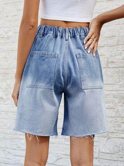 Buttoned Raw Hem Denim Shorts with Pockets for Women - Selvanelle