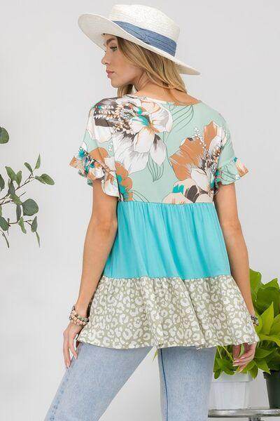 Celeste Printed Color Block Ruffled Short Sleeve Top for Women - Selvanelle