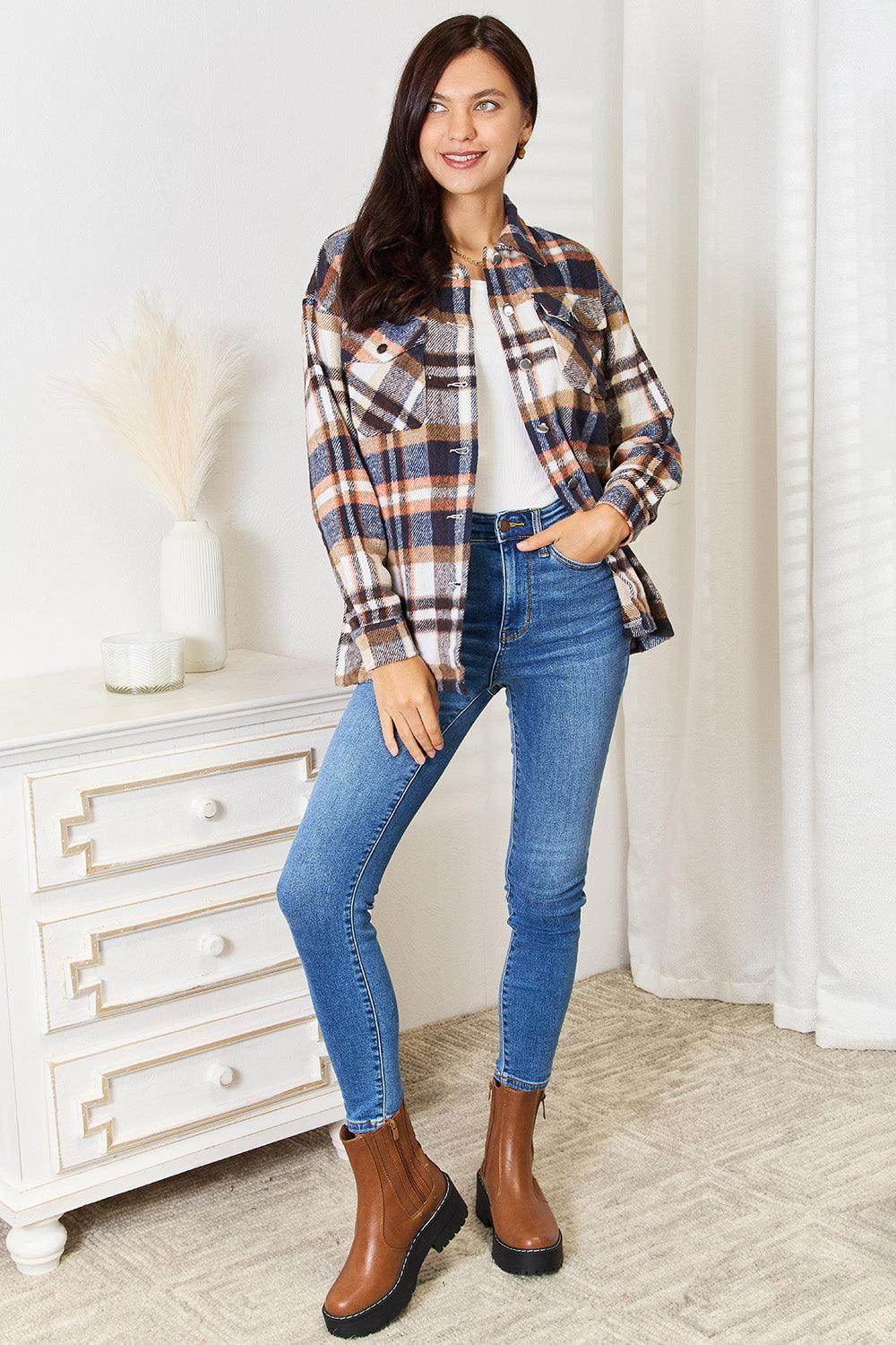 Double Take Plaid Button Front Shirt Jacket with Breast Pockets - Selvanelle