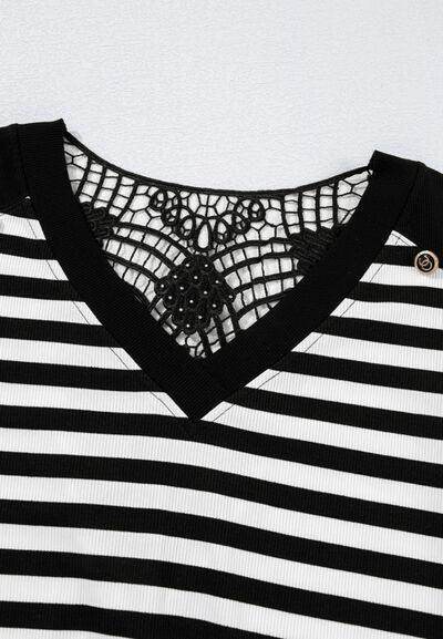 Striped Lace Detail V Neck Top for Stylish Comfort - Selvanelle
