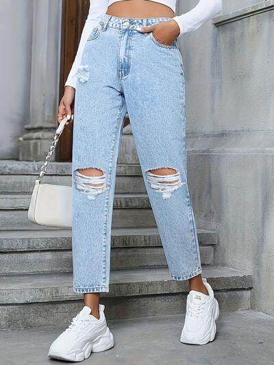 Distressed High Rise Jeans with Pockets for Women - Selvanelle