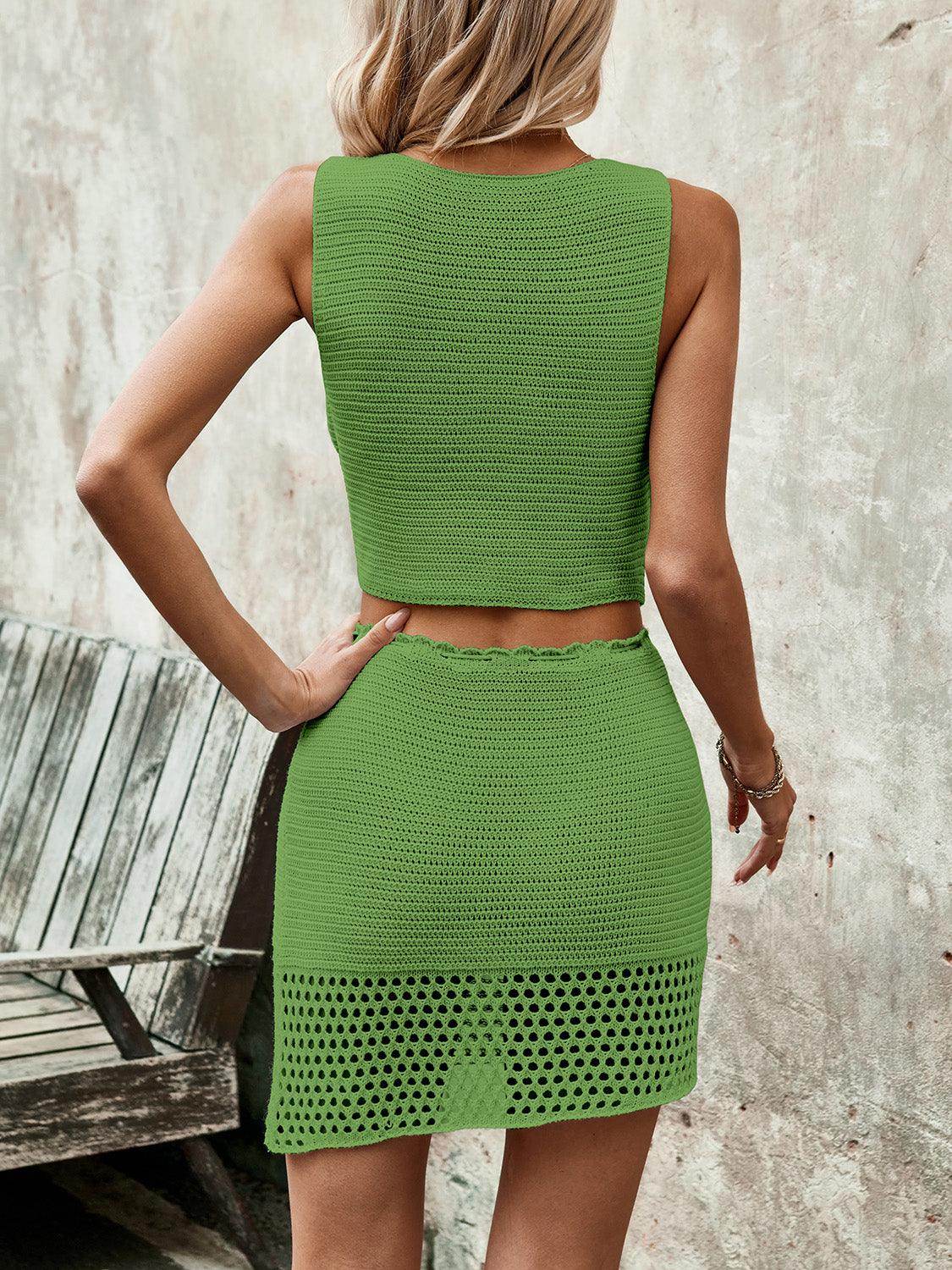 Button Up Sleeveless Top and Drawstring Skirt Set for Women - Selvanelle