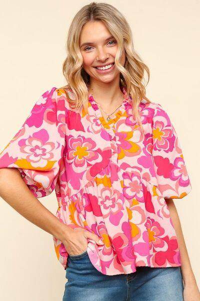Haptics Full Size Frill Floral Puff Sleeve Blouse Chic - Selvanelle