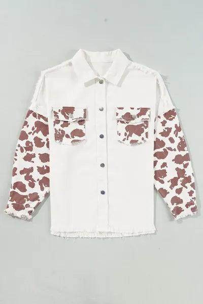 Raw Hem Animal Print Long Sleeve Denim Jacket for Women - Selvanelle