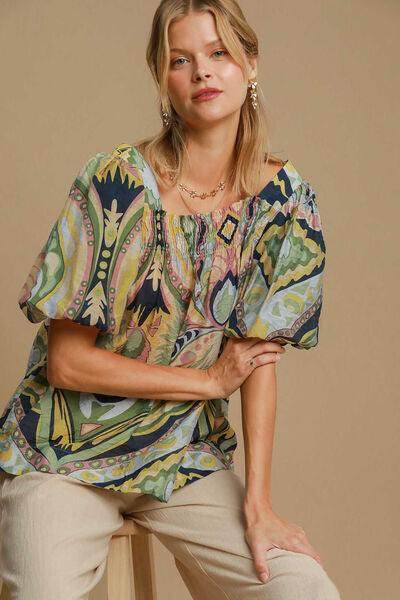Umgee Full Size Abstract Print Smocked Puff Sleeve Blouse - Selvanelle