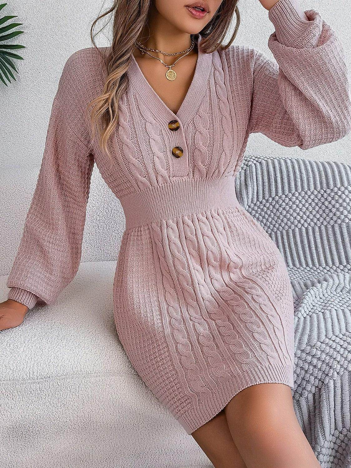 Buttoned Cable-Knit V-Neck Sweater Dress for Women - Selvanelle