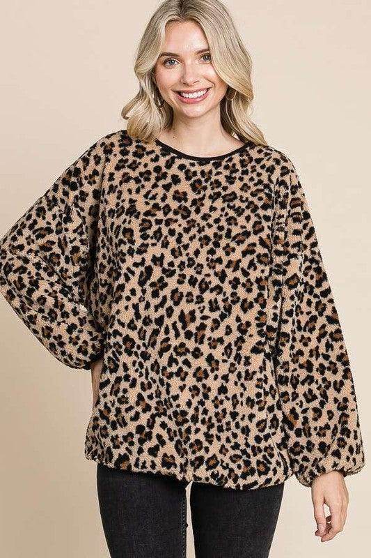 Culture Code Leopard Faux Fur Round Neck Top for Women - Selvanelle