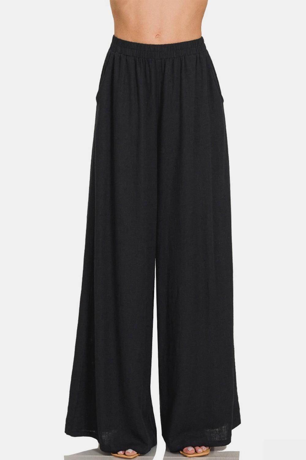 Zenana Pleated Linen Blend Wide Leg Pants for Women - Selvanelle