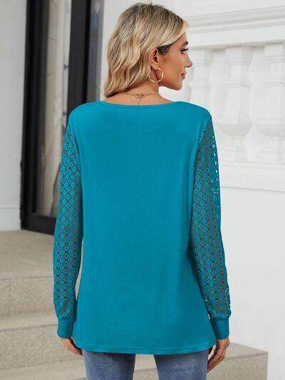 Cutout Round Neck Long Sleeve T-Shirt with Lace Detail - Selvanelle