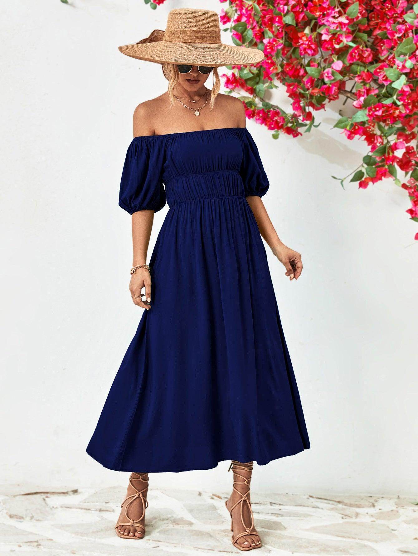 Off-Shoulder Balloon Sleeve Midi Dress for Chic Style - Selvanelle