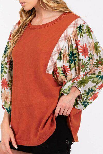 Printed Round Neck Balloon Sleeve Blouse for Women - Selvanelle