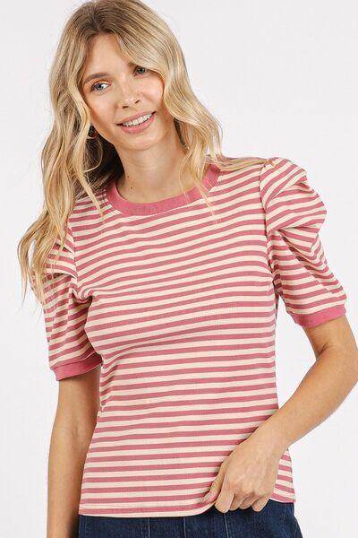 Mittoshop Striped Round Neck Puff Sleeve T-Shirt for Women - Selvanelle