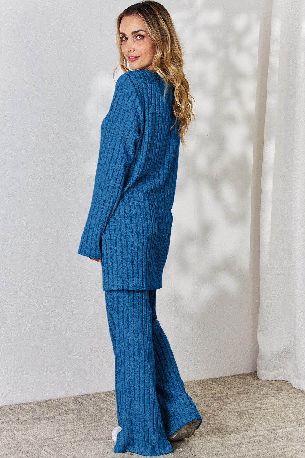 Basic Bae Full Size Ribbed High-Low Top and Wide Leg Pants Set - Selvanelle