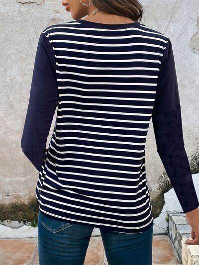 Decorative Button Striped Round Neck Long Sleeve T-Shirt - Selvanelle