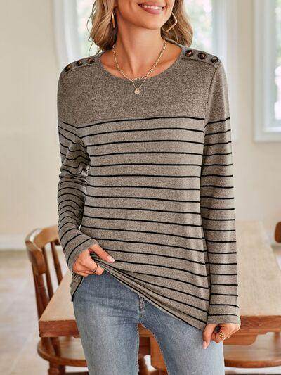 Lovelet Striped Round Neck Long Sleeve T-Shirt for Women - Selvanelle