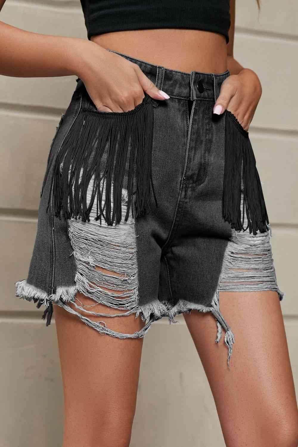 Fringe Trim Distressed Denim Shorts with Pockets for Women - Selvanelle