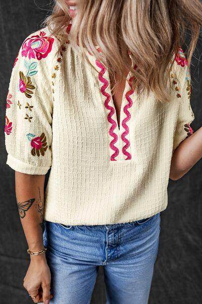 Floral Embroidered Notched Puff Sleeve Blouse for Women - Selvanelle