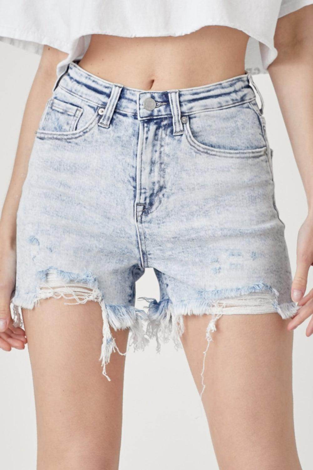 RISEN Raw Hem Distressed High Rise Denim Shorts for Women - Selvanelle