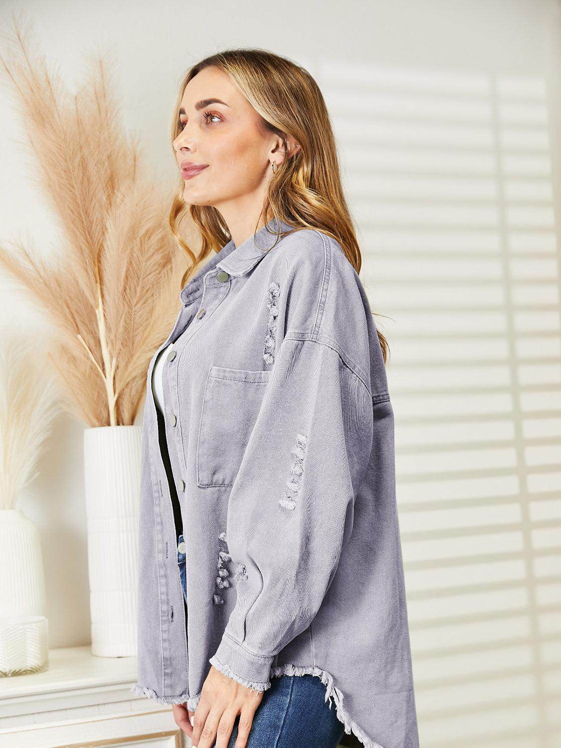 Distressed Raw Hem Denim Jacket for Relaxed Fit Style - Selvanelle