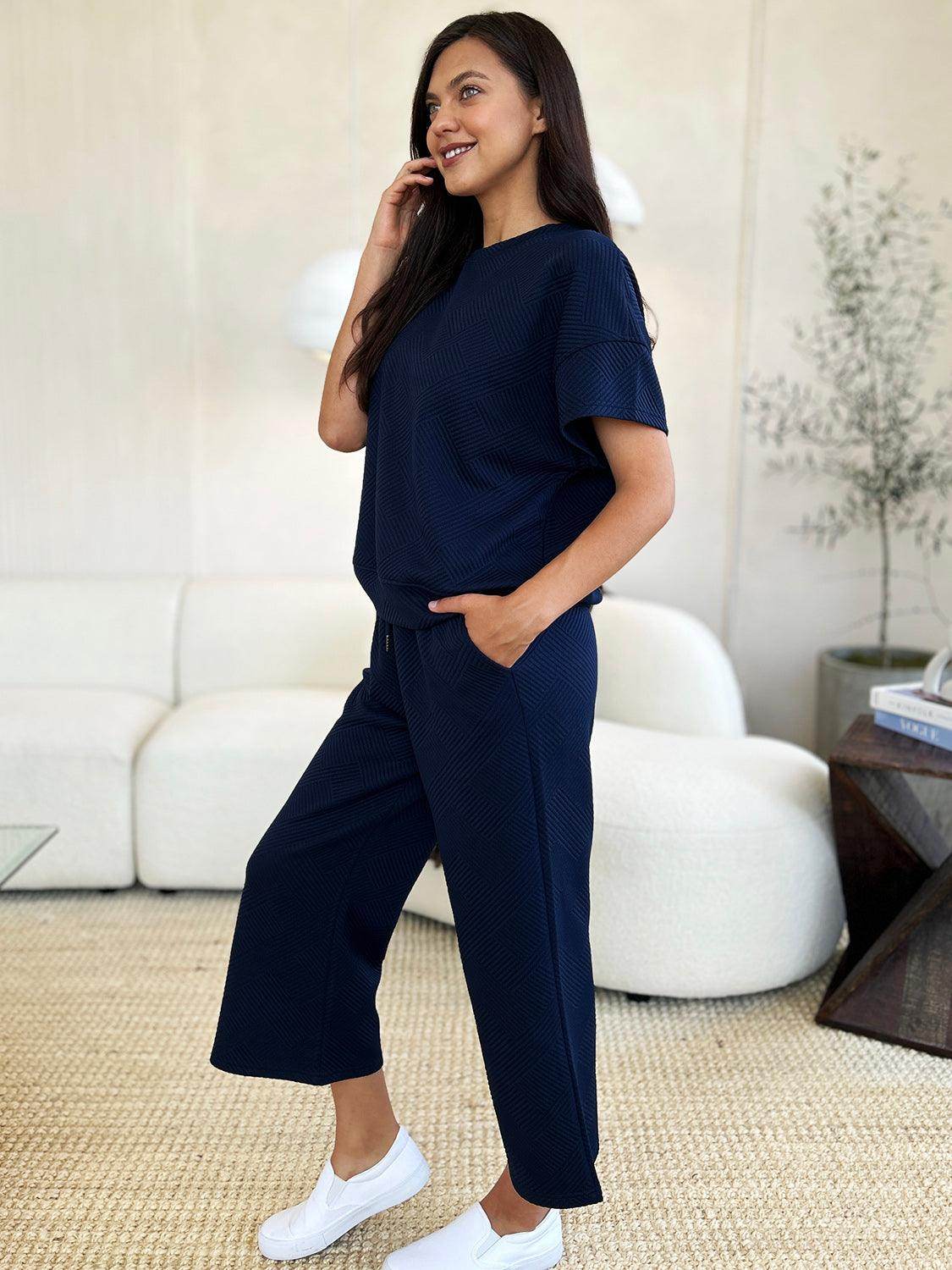 Double Take Full Size Texture Top and Pants Set for Women - Selvanelle