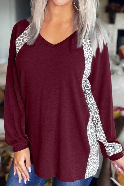 Full Size Leopard V-Neck Long Sleeve T-Shirt for Women - Selvanelle