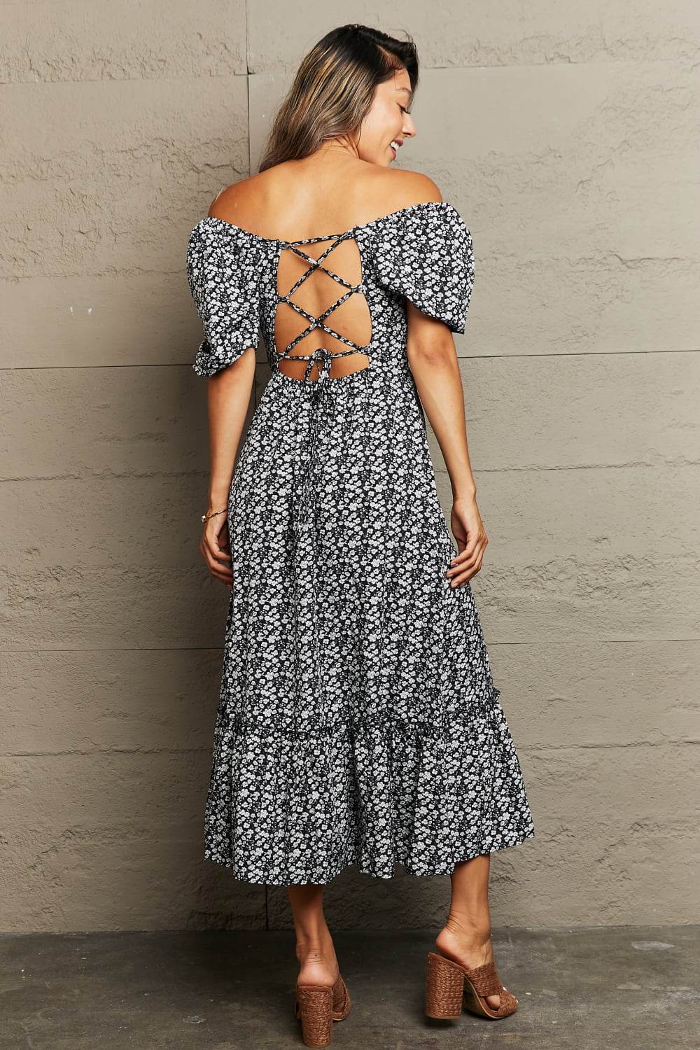 Perfee Floral Lace-Up Off-Shoulder Midi Dress - Selvanelle