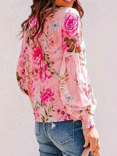 Smocked Printed Round Neck Lantern Sleeve Blouse for Women - Selvanelle