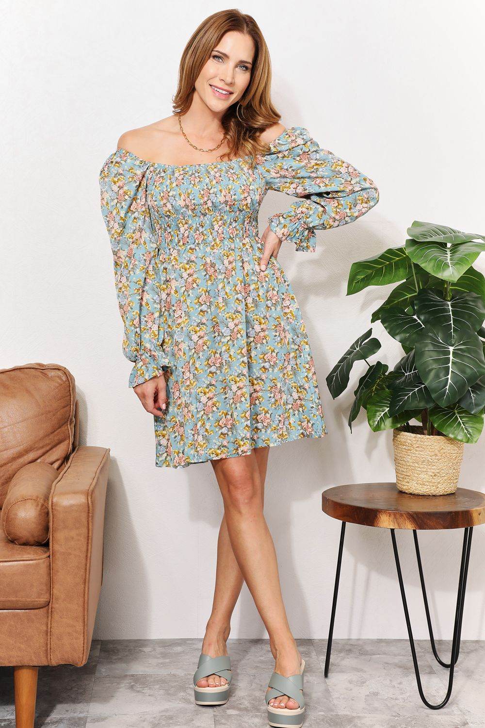 Honey Floral Smocked Flounce Sleeve Square Neck Dress - Selvanelle