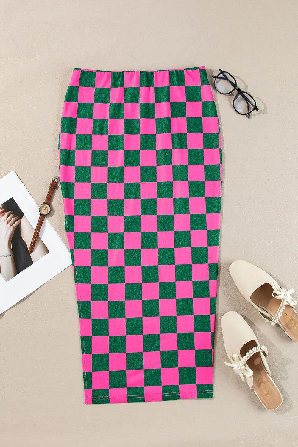 Stylish Split Checkered Midi Skirt for Effortless Chic - Selvanelle