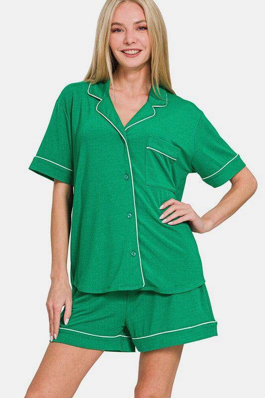 Zenana Button Down Short Sleeve Top and Shorts Lounge Set - Selvanelle