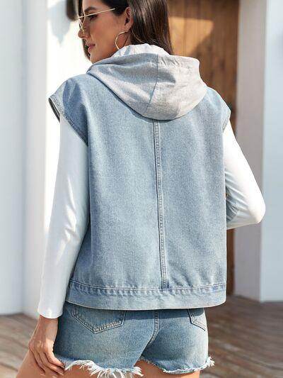 Drawstring Button Up Sleeveless Denim Jacket for Women - Selvanelle