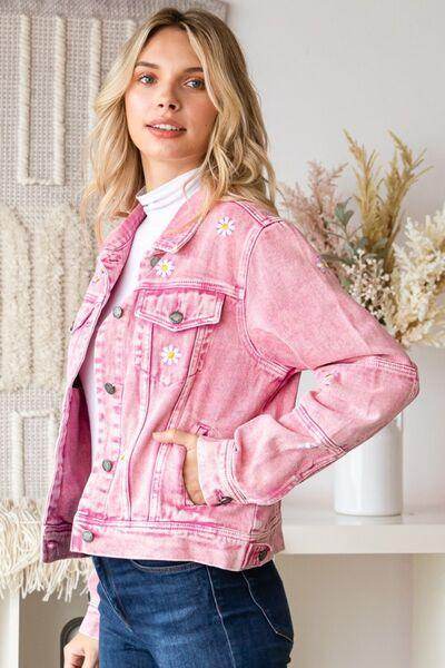 Veveret Daisy Print Button Up Denim Jacket for Women - Selvanelle