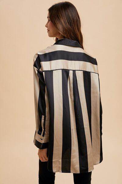 Annie Wear Striped Dropped Shoulder Button Up Shirt For Women - Selvanelle