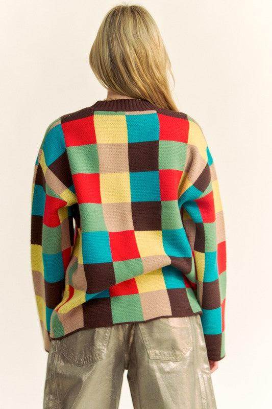 Davi & Dani Color Block Checkered Dropped Shoulder Sweater - Selvanelle