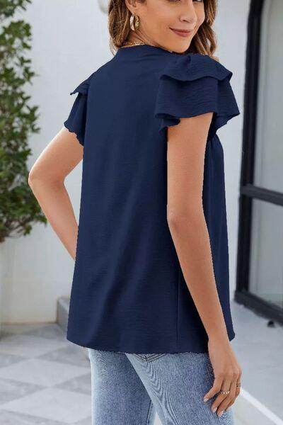 Ruffled Notched Short Sleeve Blouse for Women Stylish Wear - Selvanelle