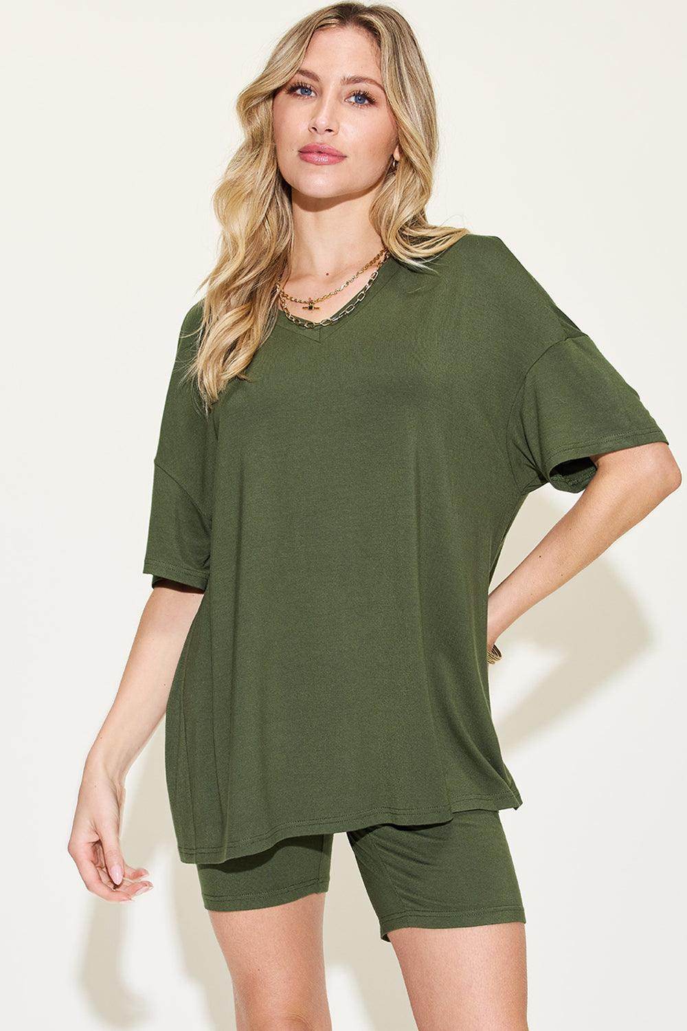 Basic Bae Full Size V-Neck Drop Shoulder T-Shirt Set - Selvanelle