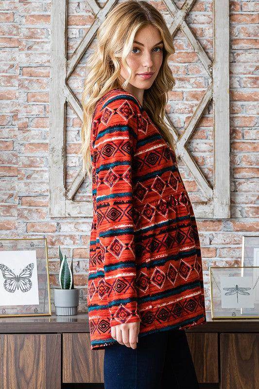 Heimish Full Size Geometric Button Detail Long Sleeve Top - Selvanelle
