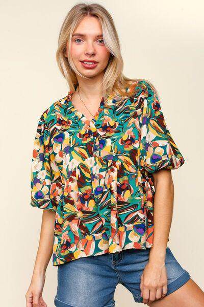 Haptics Full Size Frill Floral Puff Sleeve Peplum Blouse - Selvanelle