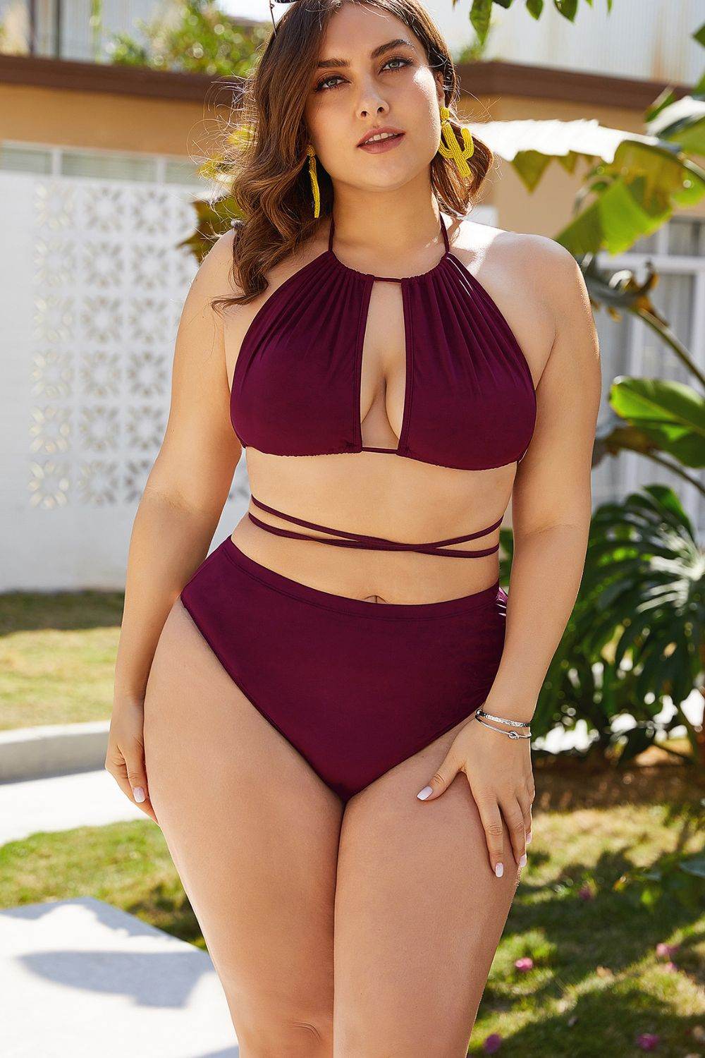 Plus Size Cutout Tied Backless Bikini Set - Selvanelle