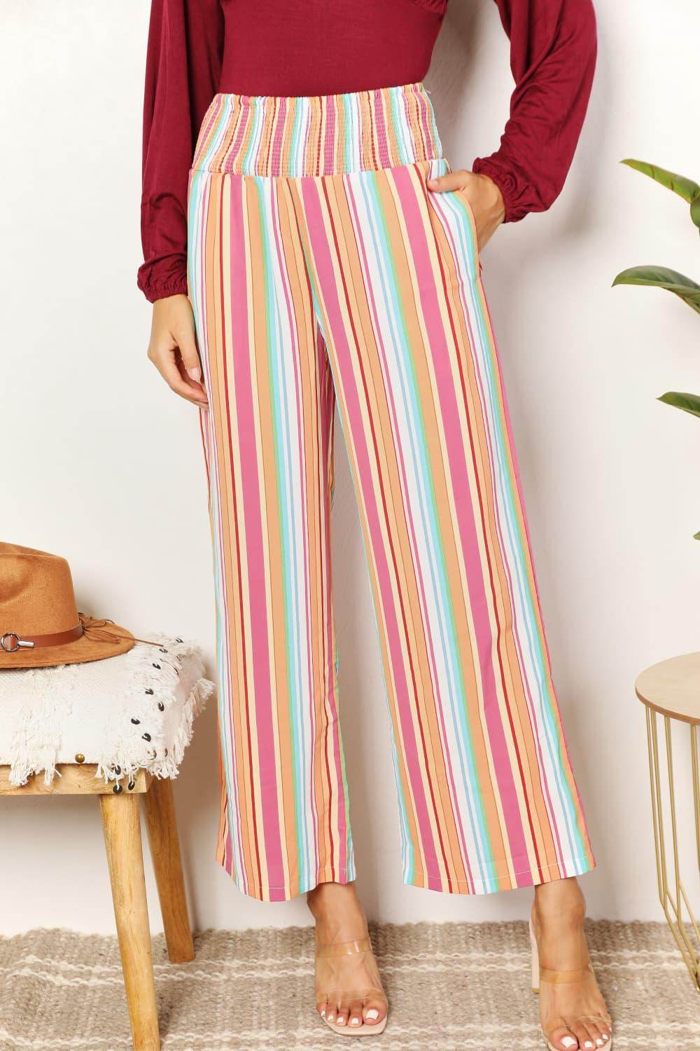 Double Take Striped Smocked Waist Pants with Pockets Stylish - Selvanelle