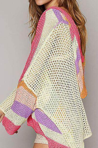 Openwork Color Block Hooded Sweater for Stylish Comfort - Selvanelle