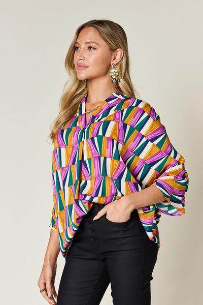 Double Take Full Size Geometric Notched Dolman Sleeve Top - Selvanelle
