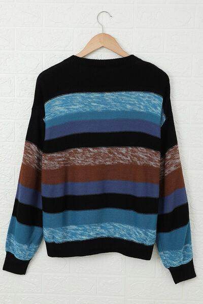 Contrast Striped Round Neck Drop Shoulder Sweater for Women - Selvanelle