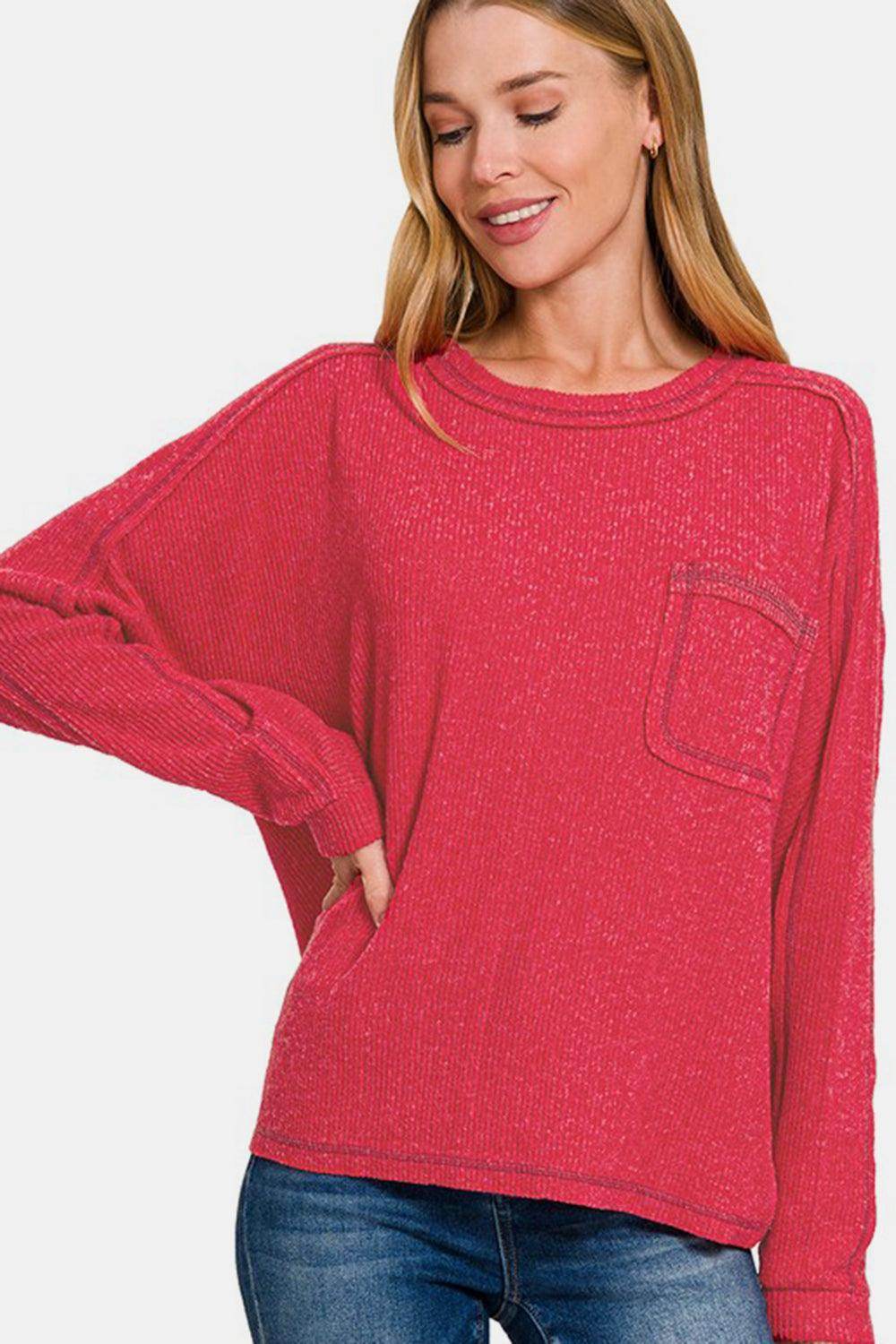 Zenana Full Size Contrast Stitching Brushed Ribbed Hacci Knit Top - Selvanelle