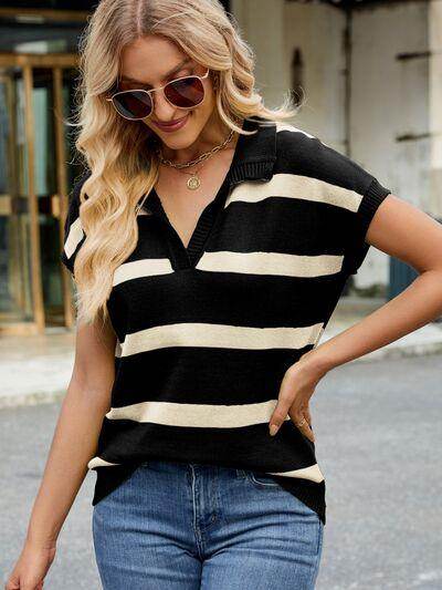 Striped Johnny Collar Cap Sleeve Sweater for Women - Selvanelle