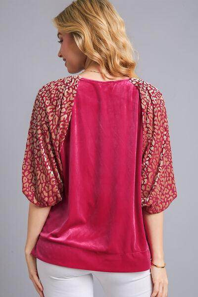 Umgee Round Neck Leopard Balloon Sleeve Velvet Top for Women - Selvanelle