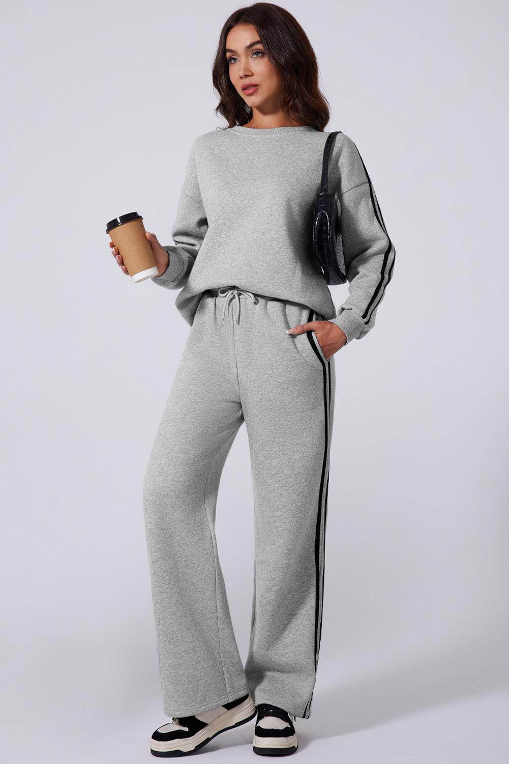 Side Striped Round Neck Top and Pants Active Set for Women - Selvanelle