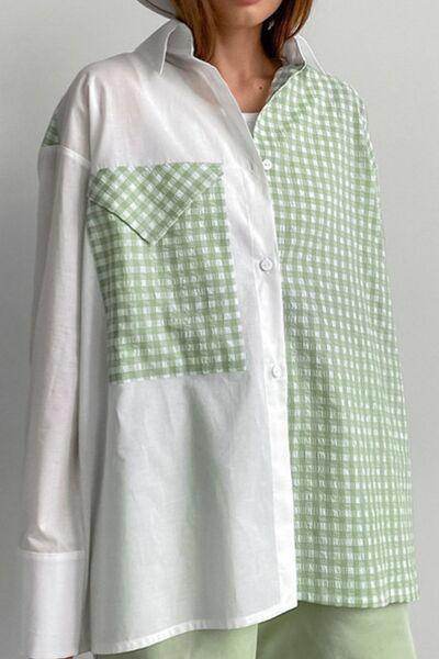 Two-Tone Plaid Button Down Long Sleeve Shirt for Women - Selvanelle